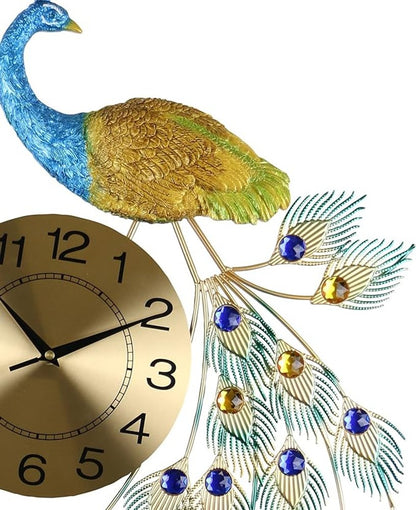 31" Blue Green And Gold Metal Silent Analog Peacock Novelty Wall Clock HomeRoots