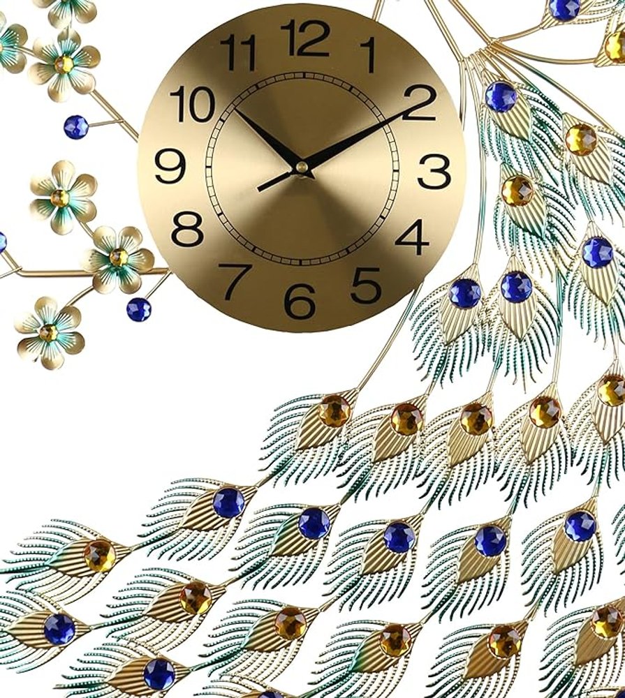 31" Blue Green And Gold Metal Silent Analog Peacock Novelty Wall Clock HomeRoots