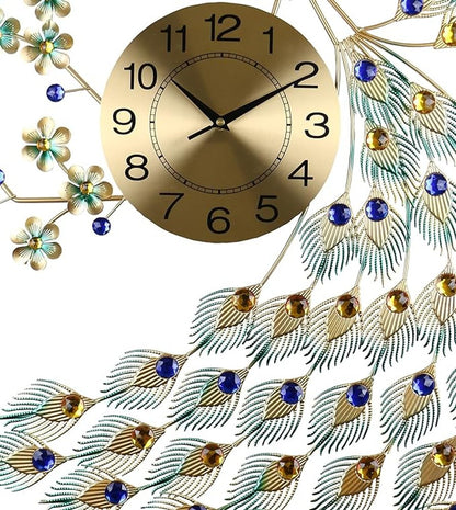 31" Blue Green And Gold Metal Silent Analog Peacock Novelty Wall Clock HomeRoots