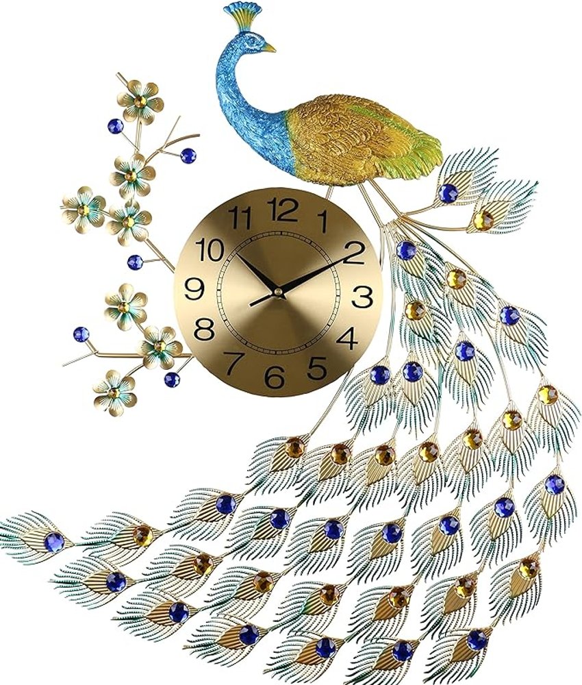 31" Blue Green And Gold Metal Silent Analog Peacock Novelty Wall Clock HomeRoots