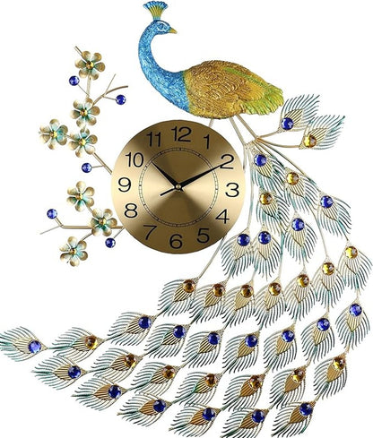 31" Blue Green And Gold Metal Silent Analog Peacock Novelty Wall Clock HomeRoots