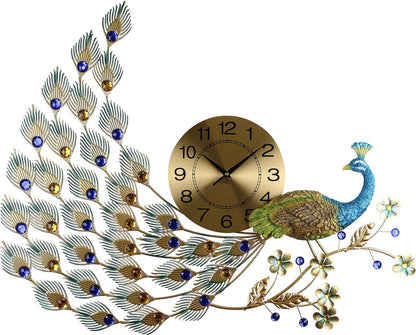 31" Gold Blue And Green Silent Analog Peacock Novelty Wall Clock