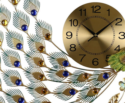 31" Gold Blue And Green Silent Analog Peacock Novelty Wall Clock
