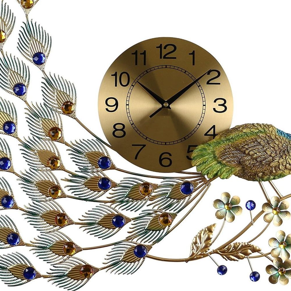 31" Gold Blue And Green Metal Silent Analog Peacock Novelty Wall Clock HomeRoots