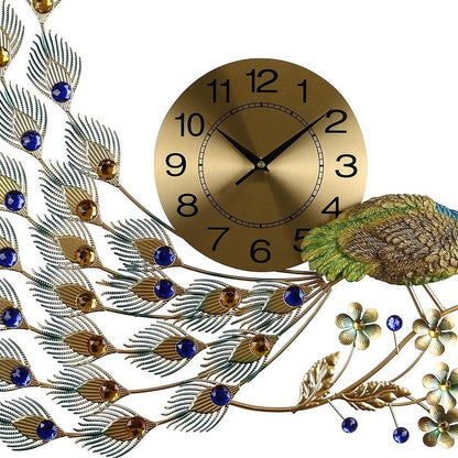 31" Gold Blue And Green Metal Silent Analog Peacock Novelty Wall Clock HomeRoots