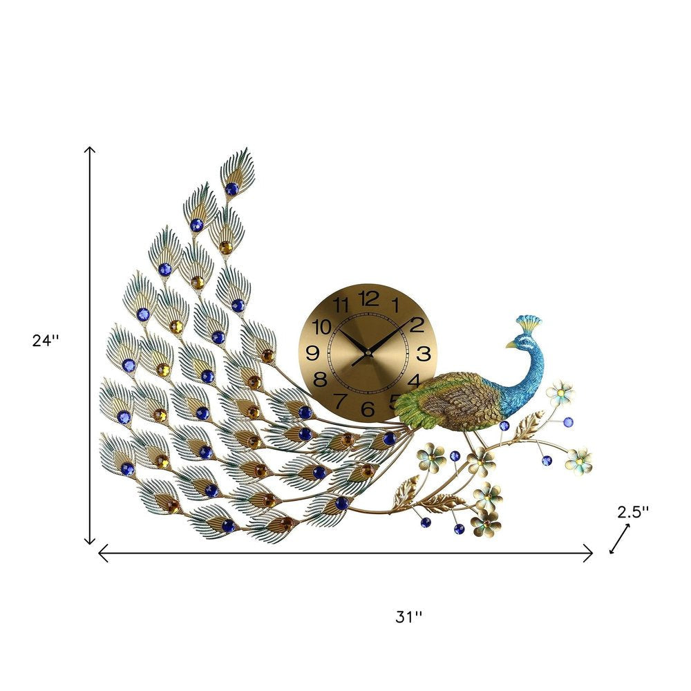 31" Gold Blue And Green Metal Silent Analog Peacock Novelty Wall Clock HomeRoots