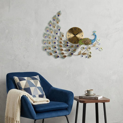 31" Gold Blue And Green Silent Analog Peacock Novelty Wall Clock