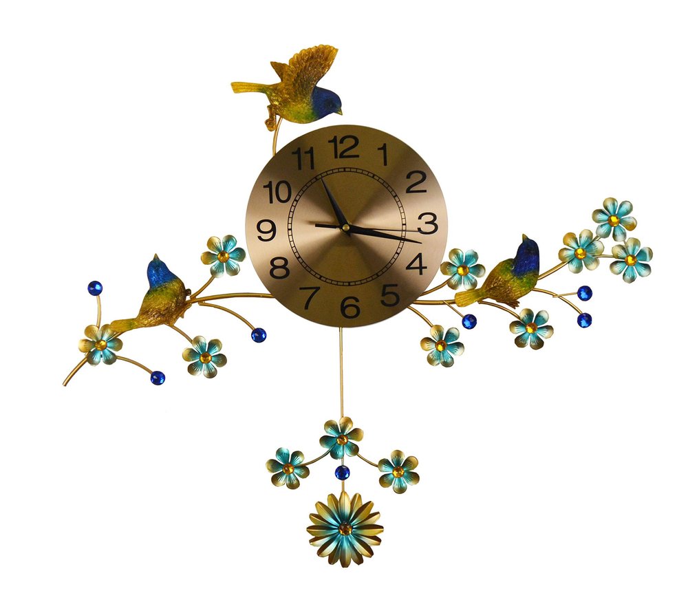 24" Blue Green And Gold Metal Silent Pendulum Floral Wall Clock HomeRoots