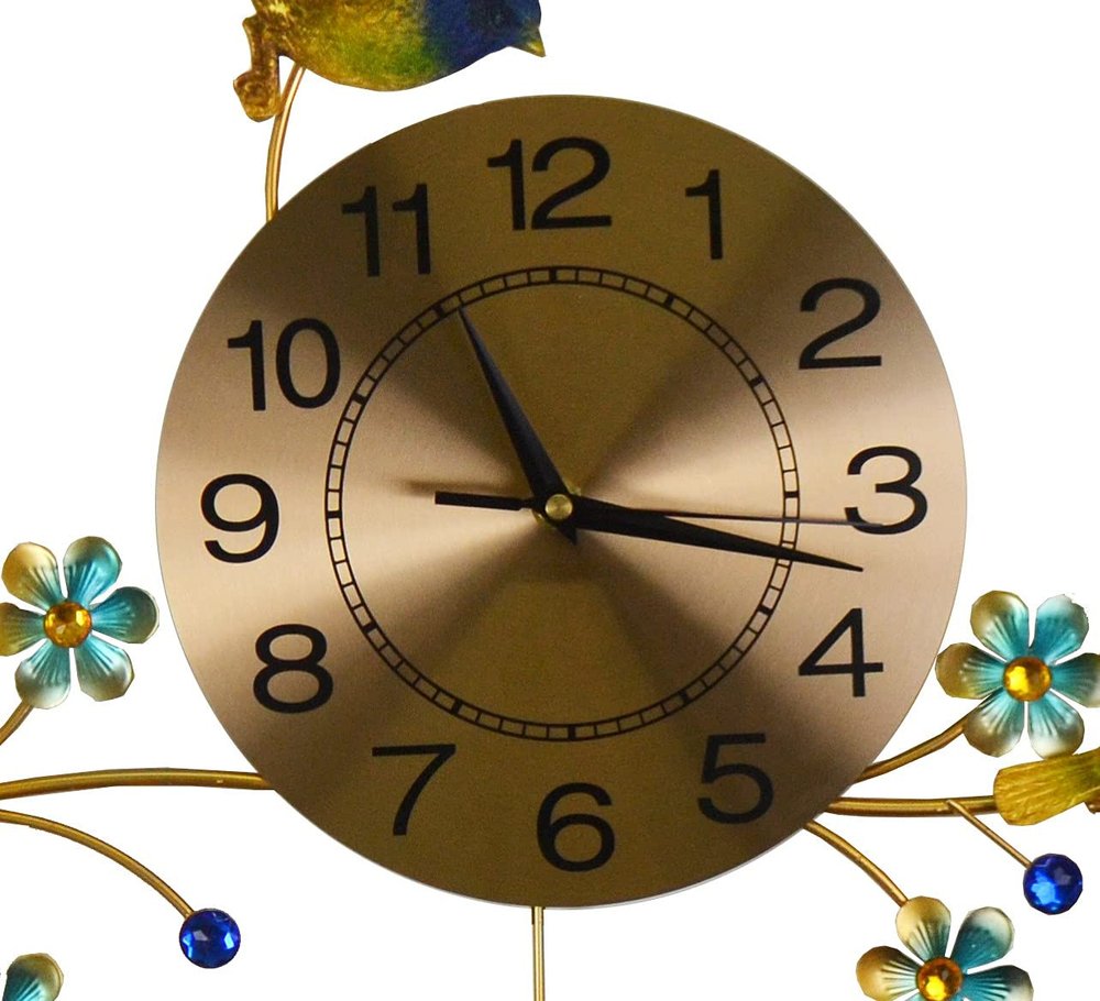 24" Blue Green And Gold Metal Silent Pendulum Floral Wall Clock HomeRoots