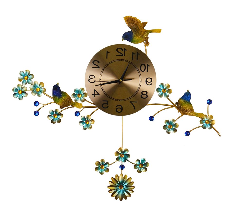 24" Blue Green And Gold Metal Silent Pendulum Floral Wall Clock HomeRoots
