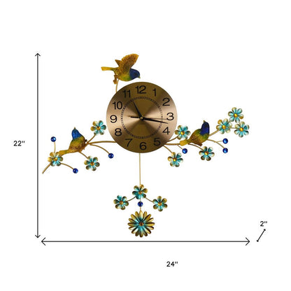 24" Blue Green And Gold Metal Silent Pendulum Floral Wall Clock HomeRoots