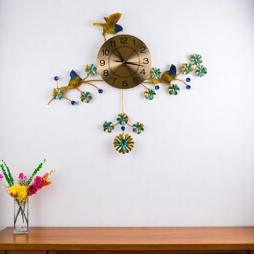 24" Blue Green And Gold Metal Silent Pendulum Floral Wall Clock HomeRoots