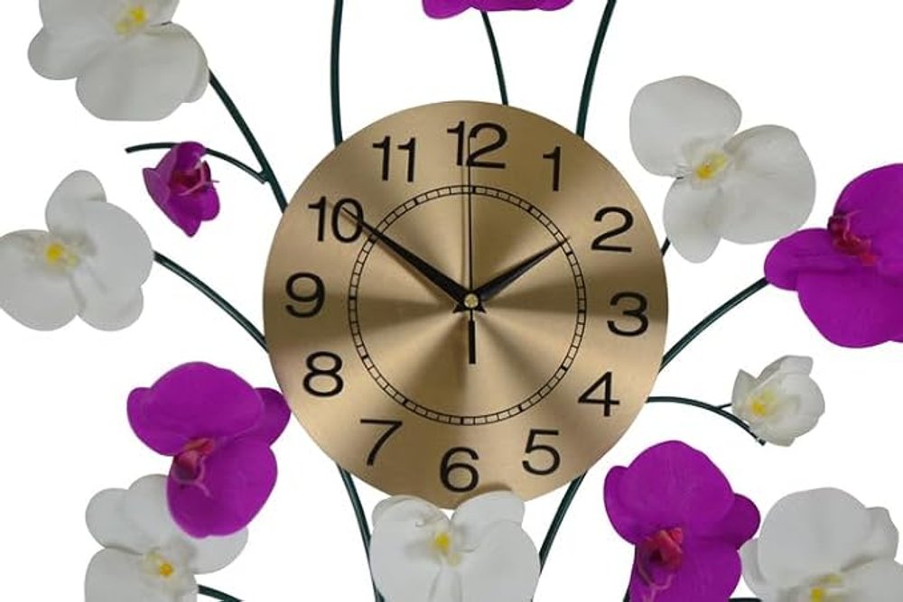 30" Purple White And Gold Metal Silent Analog Floral Novelty Wall Clock HomeRoots