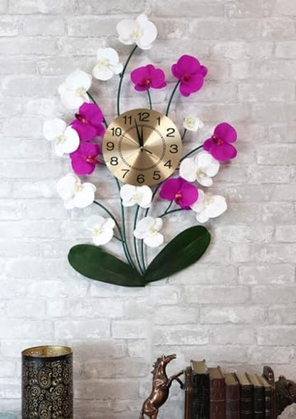 30" Purple White And Gold Metal Silent Analog Floral Novelty Wall Clock HomeRoots