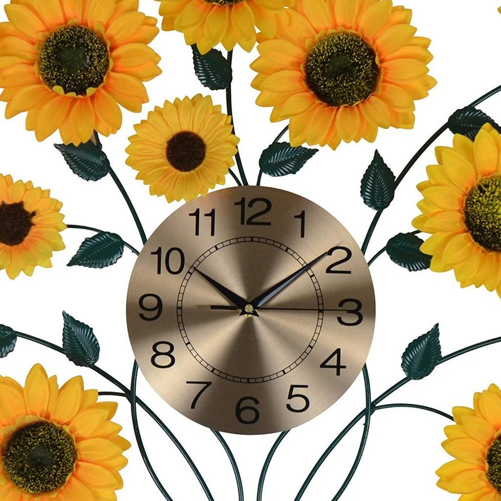 31" Yellow Green And Gold Metal Silent Analog Sunflower Floral Wall Clock HomeRoots