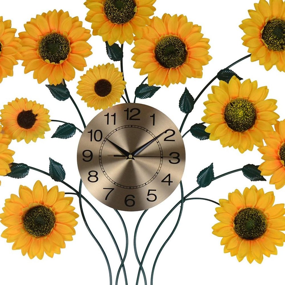 31" Yellow Green And Gold Metal Silent Analog Sunflower Floral Wall Clock HomeRoots