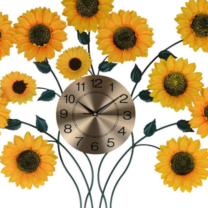 31" Yellow Green And Gold Metal Silent Analog Sunflower Floral Wall Clock HomeRoots