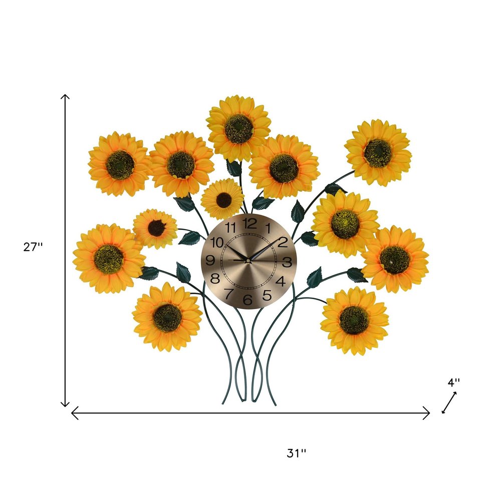 31" Yellow Green And Gold Metal Silent Analog Sunflower Floral Wall Clock HomeRoots