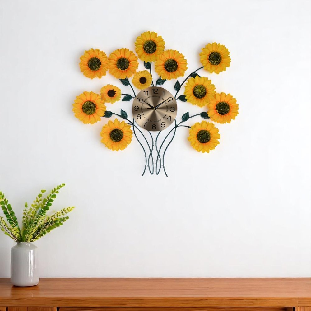31" Yellow Green And Gold Metal Silent Analog Sunflower Floral Wall Clock HomeRoots