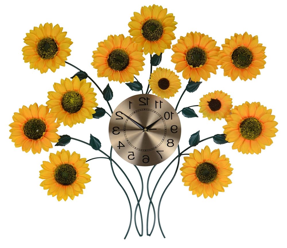 31" Yellow Green And Gold Metal Silent Analog Sunflower Floral Wall Clock HomeRoots