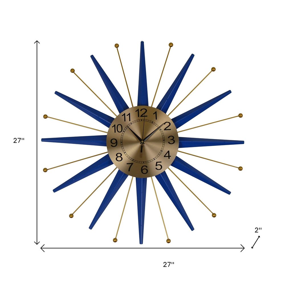 27" Blue And Gold Metal Silent Analog Starburst Wall Clock HomeRoots