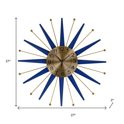27" Blue And Gold Metal Silent Analog Starburst Wall Clock HomeRoots