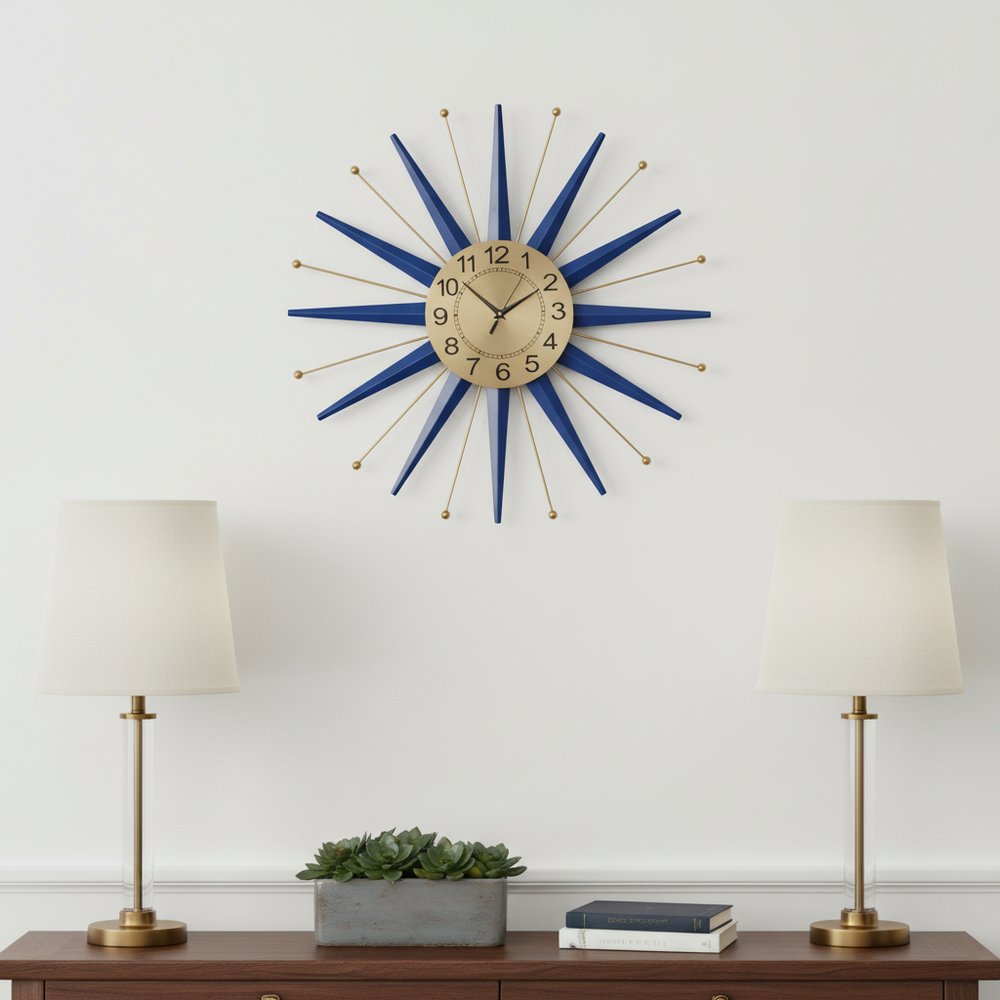 27" Blue And Gold Metal Silent Analog Starburst Wall Clock HomeRoots