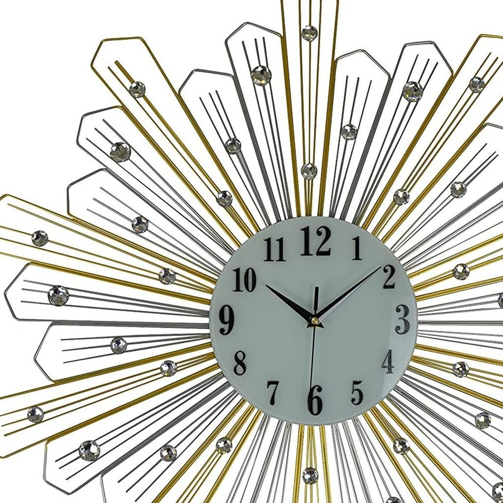 27" Gold Silver And Metal And Faux Crystals Silent Analog Sunburst Wall Clock HomeRoots