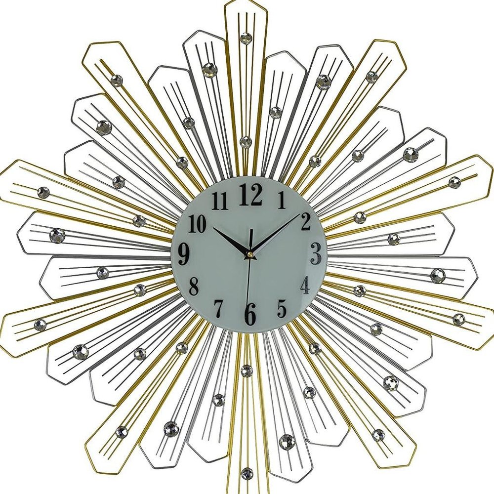 27" Gold Silver And Metal And Faux Crystals Silent Analog Sunburst Wall Clock HomeRoots