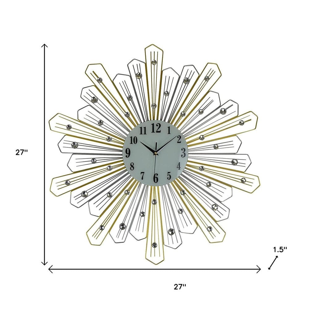 27" Gold Silver And Metal And Faux Crystals Silent Analog Sunburst Wall Clock HomeRoots