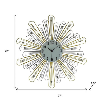 27" Gold Silver And Metal And Faux Crystals Silent Analog Sunburst Wall Clock HomeRoots