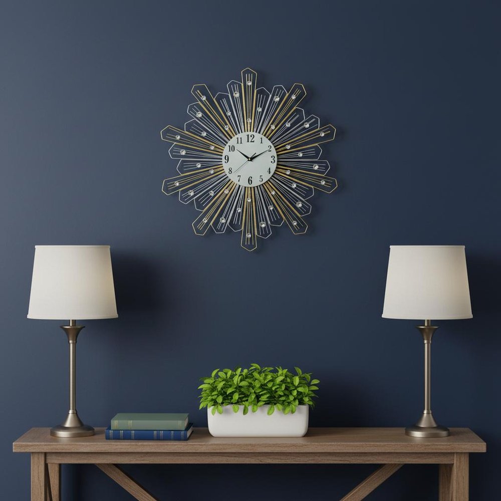 27" Gold Silver And Metal And Faux Crystals Silent Analog Sunburst Wall Clock HomeRoots