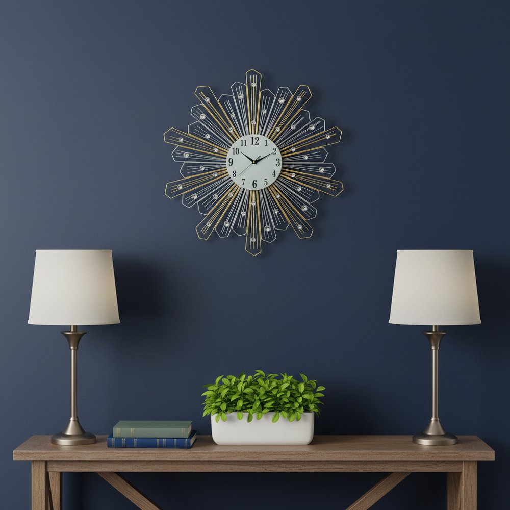 27" Gold Silver And Metal And Faux Crystals Silent Analog Sunburst Wall Clock HomeRoots