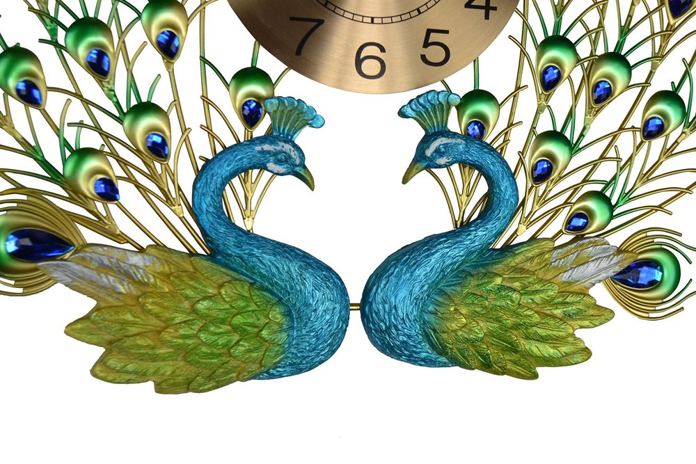 25" Blue Green And Gold Metal Silent Analog Peacock Novelty Wall Clock HomeRoots