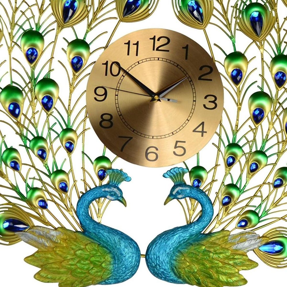 25" Blue Green And Gold Metal Silent Analog Peacock Novelty Wall Clock HomeRoots