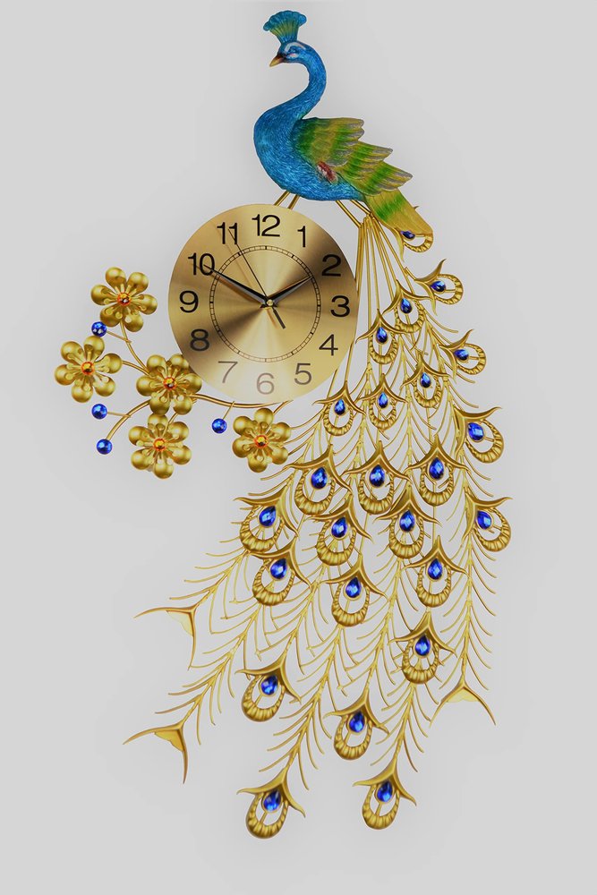 21" Blue Green And Gold Metal Silent Analog Peacock Novelty Wall Clock HomeRoots