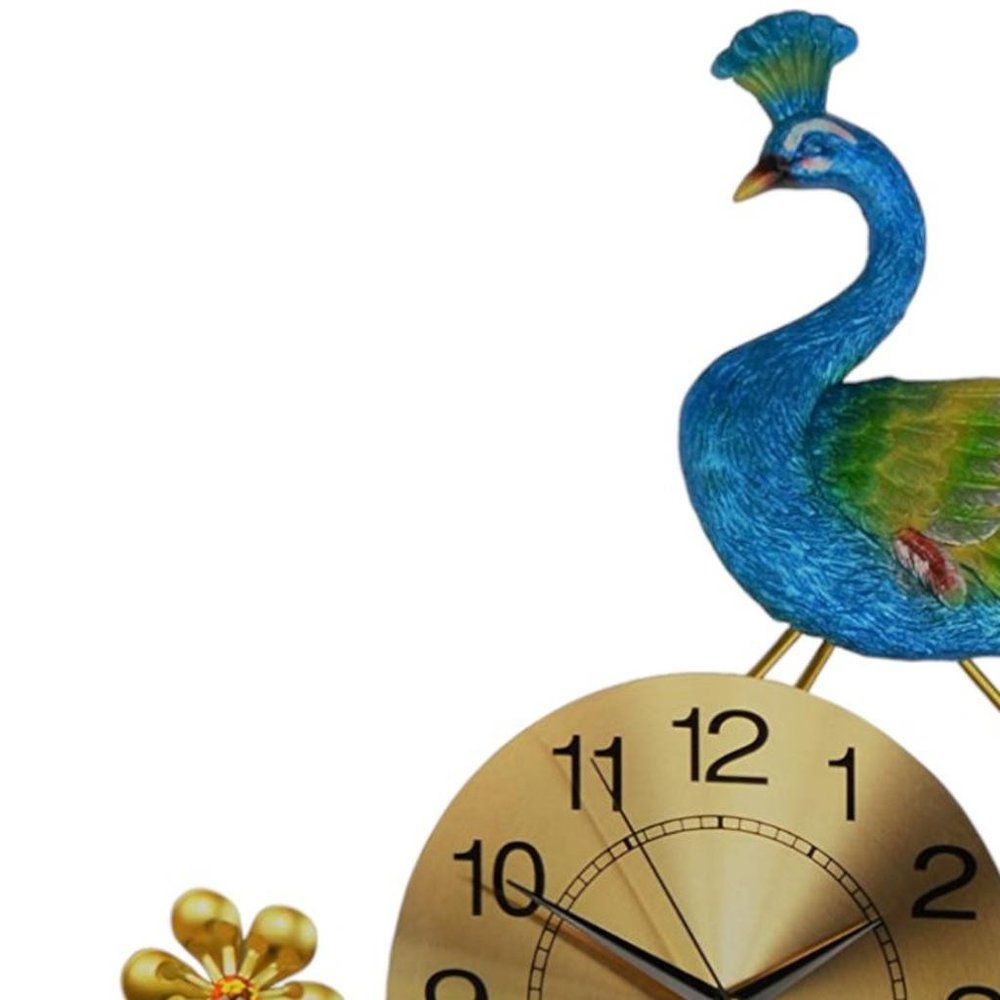 21" Blue Green And Gold Metal Silent Analog Peacock Novelty Wall Clock — view 3
