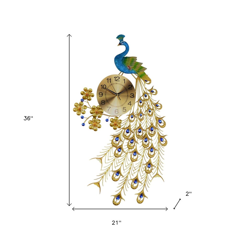 21" Blue Green And Gold Metal Silent Analog Peacock Novelty Wall Clock — view 5
