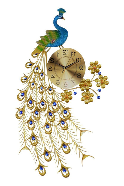 21" Blue Green And Gold Metal Silent Analog Peacock Novelty Wall Clock HomeRoots