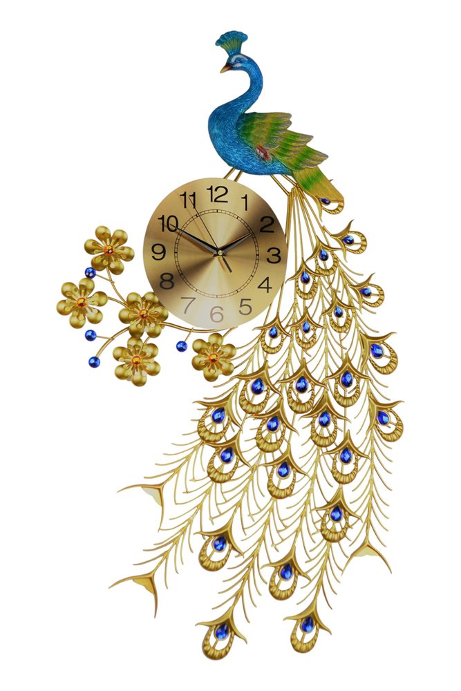 21" Blue Green And Gold Metal Silent Analog Peacock Novelty Wall Clock HomeRoots