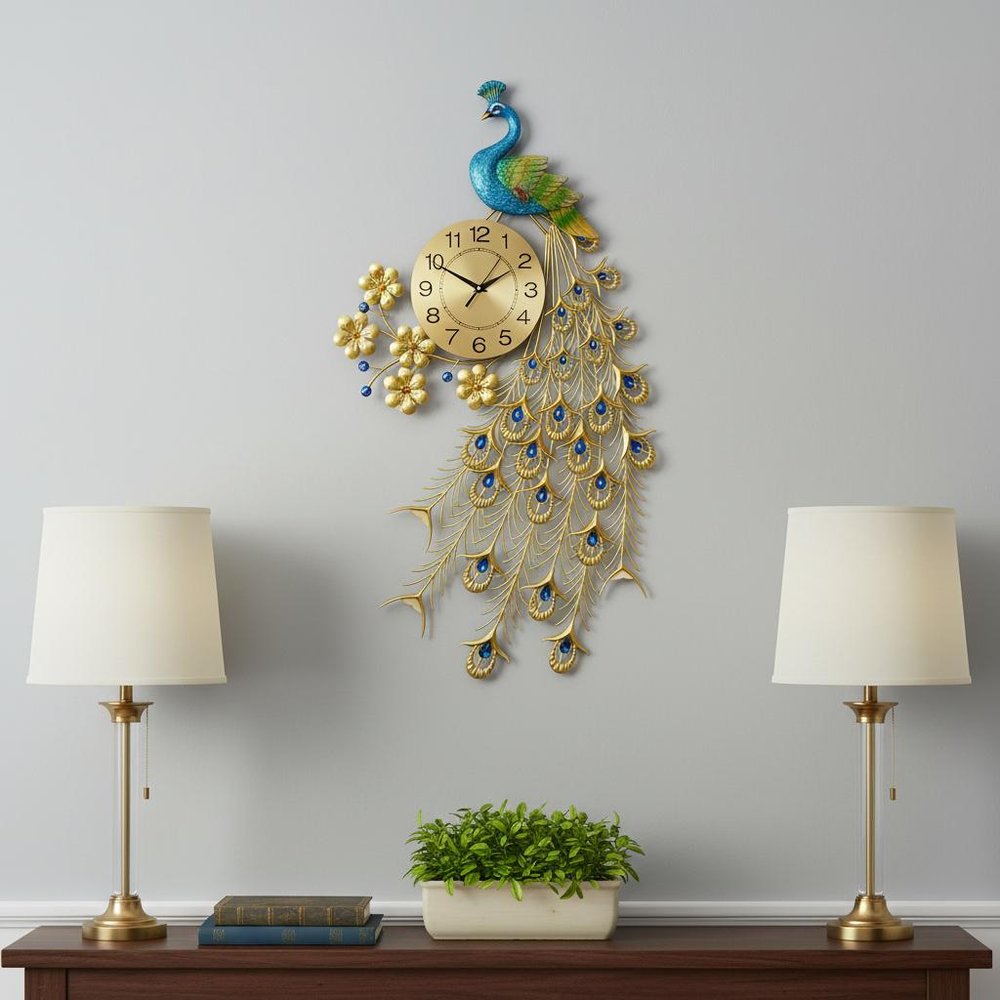 21" Blue Green And Gold Metal Silent Analog Peacock Novelty Wall Clock HomeRoots