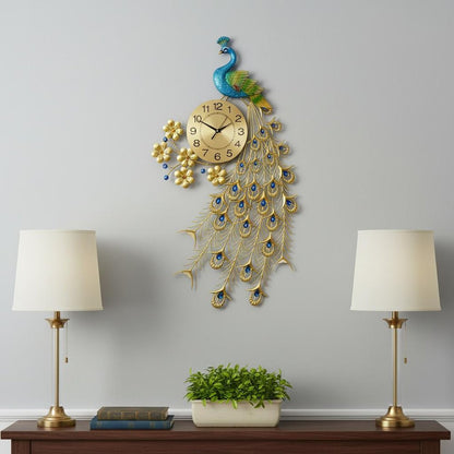 21" Blue Green And Gold Metal Silent Analog Peacock Novelty Wall Clock HomeRoots