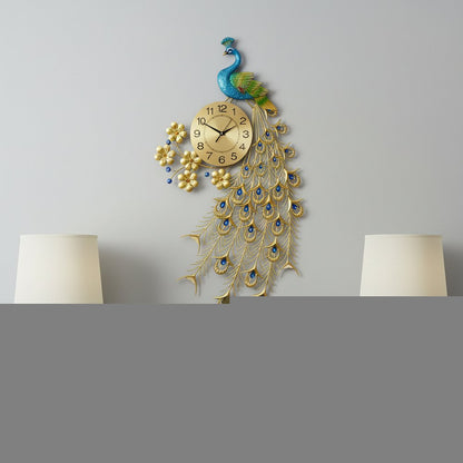 21" Blue Green And Gold Metal Silent Analog Peacock Novelty Wall Clock HomeRoots
