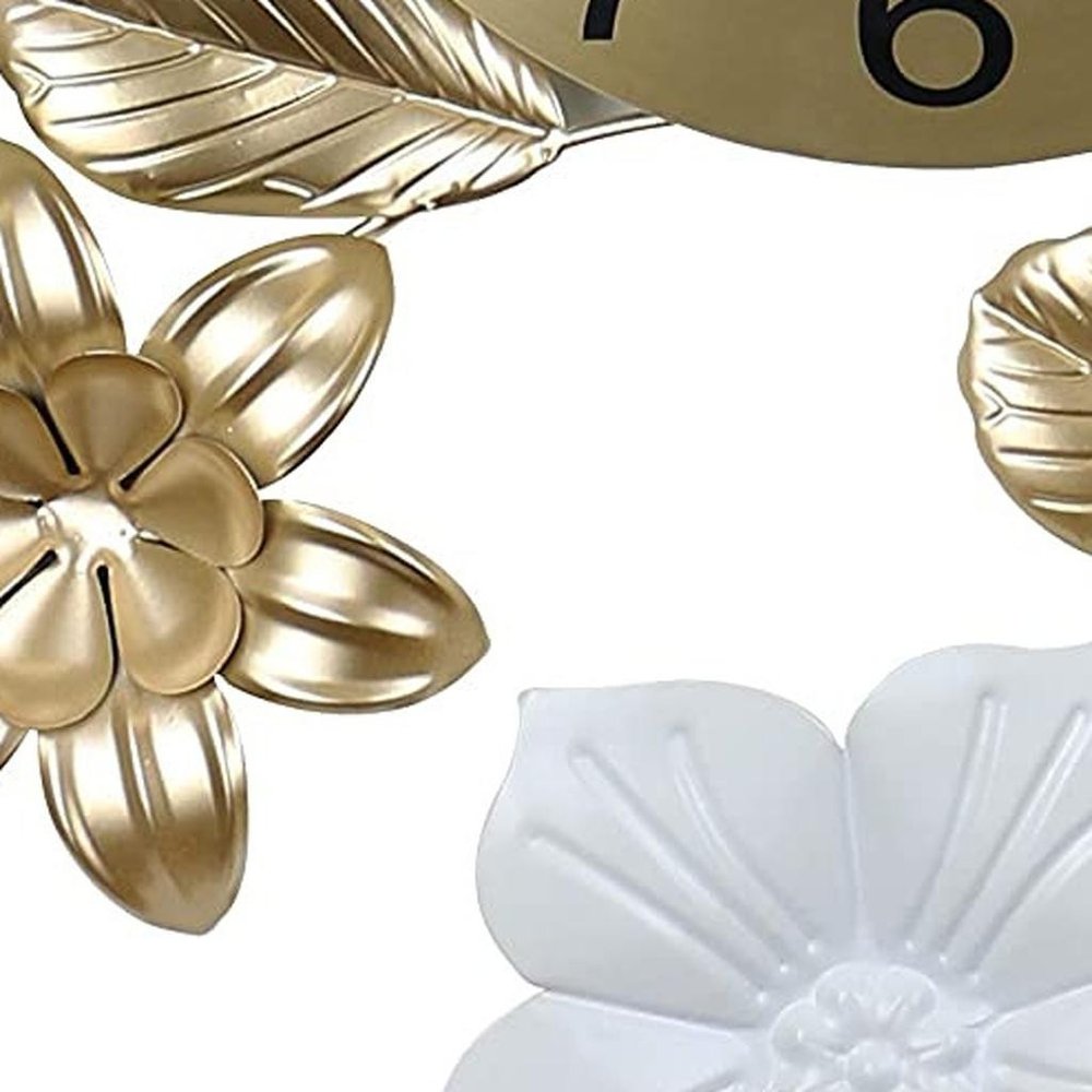 26" Gold White And Black Metal Silent Analog Floral Wall Clock HomeRoots