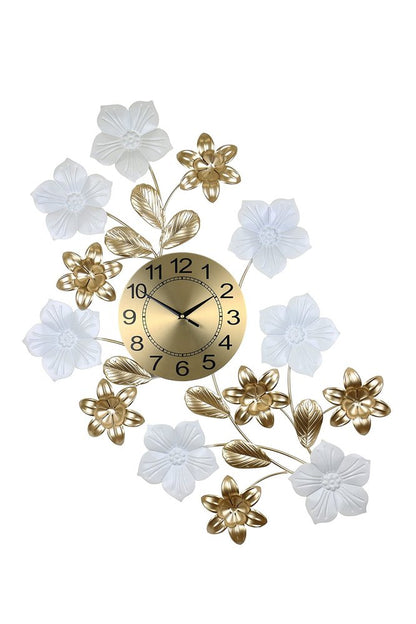 26" Gold White And Black Metal Silent Analog Floral Wall Clock HomeRoots