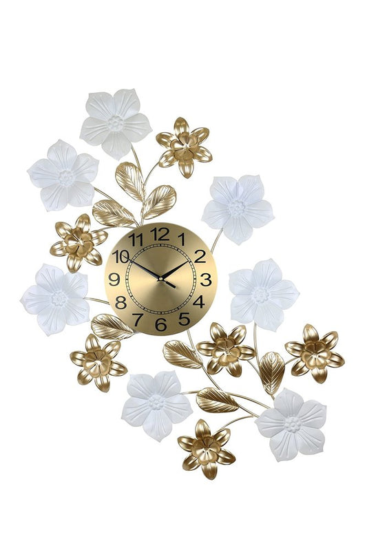 26" Gold White And Black Metal Silent Analog Floral Wall Clock HomeRoots