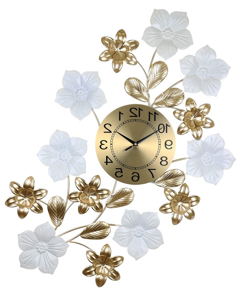 26" Gold White And Black Metal Silent Analog Floral Wall Clock HomeRoots