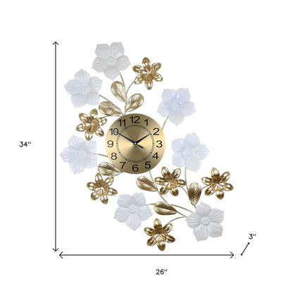 26" Gold White And Black Metal Silent Analog Floral Wall Clock HomeRoots