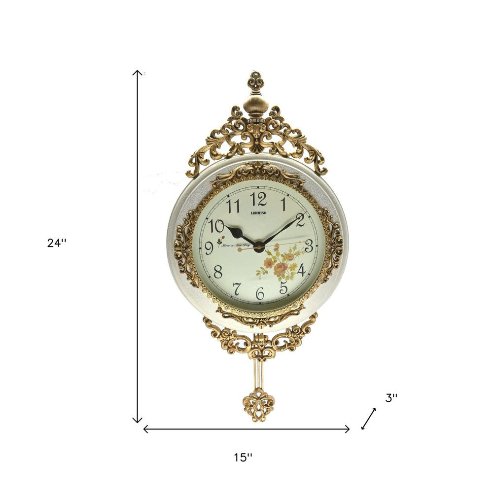 15" Ivory And Gold Resin Silent Pendulum Ornate Round Wall Clock HomeRoots