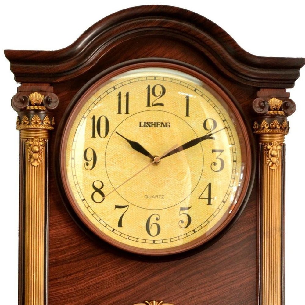 16" Walnut And Gold Resin Silent Analog Ornate Wall Clock HomeRoots